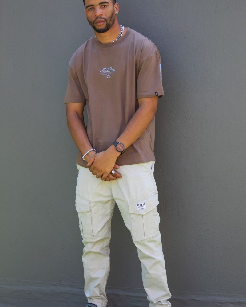 Bone colored cargo pants, studio shot