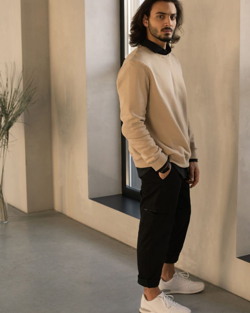 Bone crewneck sweater, full body studio shot